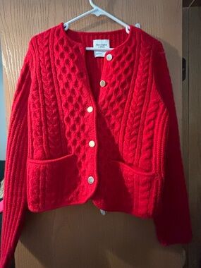 Abercrombie & Fitch Bright Red Cable Knit Pocket Cardigan
